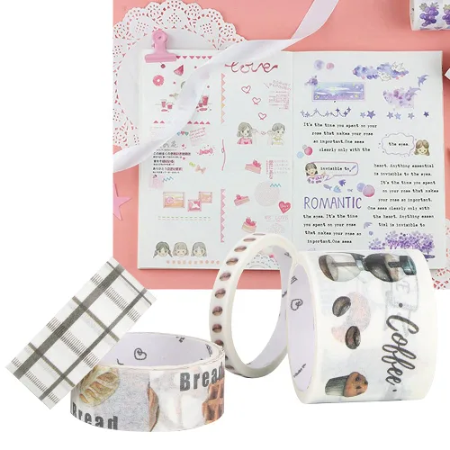Vista 6 de Washi - Juego de 4 cintas adhesivas decorativas para diarios de viñetas, álbumes de recortes, estilo cultural café, cinta Washi para álbumes