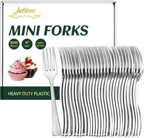 Vista 8 de 100 mini tenedores dorados de 4 pulgadas, pequeños tenedores de postre de plástico dorado, desechables, resistentes, diminutos tenedores