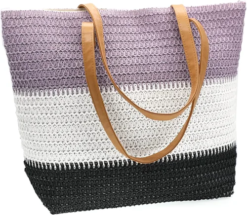 Vista 98 de Bolso grande de paja para mujer, tejido de ratán, bolso de playa de verano, a rayas