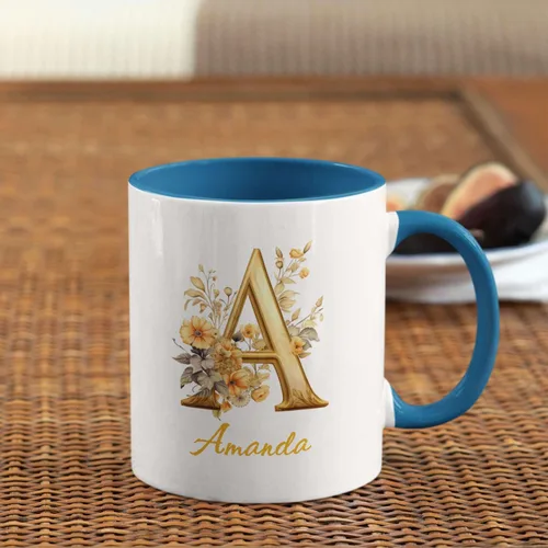 Vista 4 de Taza de cerámica personalizada con letra A del alfabeto, taza de café personalizada con nombre, taza de té inicial con monograma floral