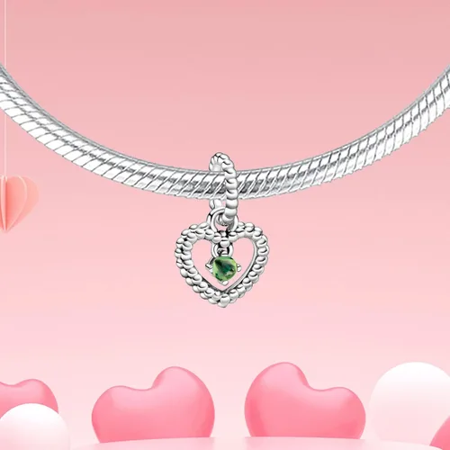 Vista 2 de Dijes de piedra natal de plata de ley 925 con dije de corazón para pulsera, collar, dije de feliz cumpleaños, cuentas colgantes de corazón