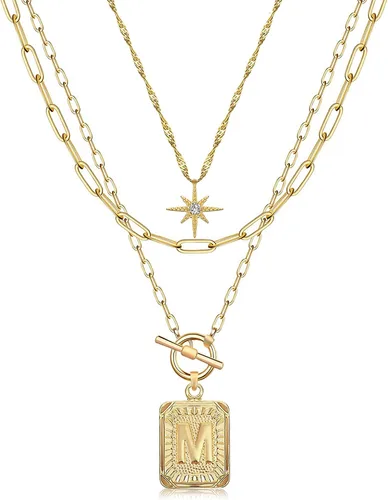 Vista 15 de MJartoria Collares con iniciales en capas para mujer, modernos, chapados en oro de 14 quilates, cadena de papel, collar sencillo con dije de Dorado