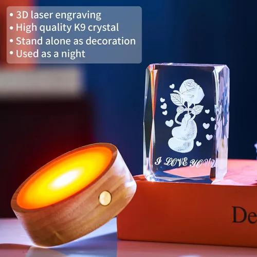 Vista 5 de Regalos románticos para él y ella, regalo del día de la madre para esposa, luz nocturna de cristal de amor 3D con base LED multicolor, regalo