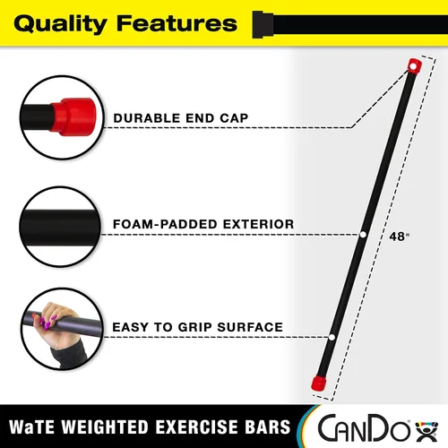 Vista 3 de CanDo Jumbo WaTE Bar - Barra de ejercicio con peso de 20 libras, color negro, para entrenamiento de fuerza, tonificación y terapia física