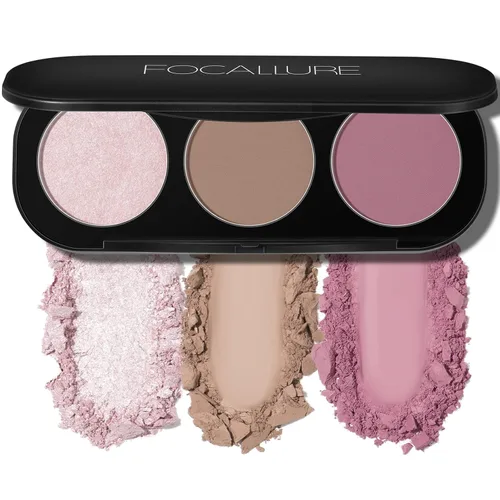 Vista 10 de FOCALLURE Paleta de rubor e iluminador, polvo de maquillaje 3 en 1, rubor mate libre de crueldad, iluminadores brillantes para un aspecto brillante