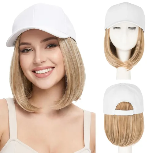 Vista 29 de SEGO - Gorra de béisbol con extensiones de cabello para mujer, resistente al calor, sintético, 6 pulgadas, ajustable, corta, recta, peluca