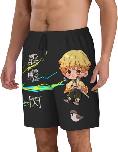 Vista 2 de Demon Kimetsu No Yaiba - Pantalones cortos de playa divertidos de verano, hawaianos, de secado rápido, parte delantera plana, para hombres y mujeres
