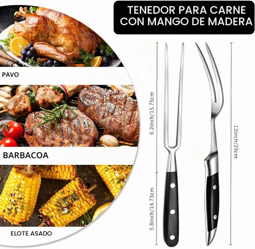 Vista 2 de CHENGU 2 tenedores para tallar carne de 12 pulgadas de acero inoxidable para servir cocinar con mango de madera, parrilla clásica con mango de ABS