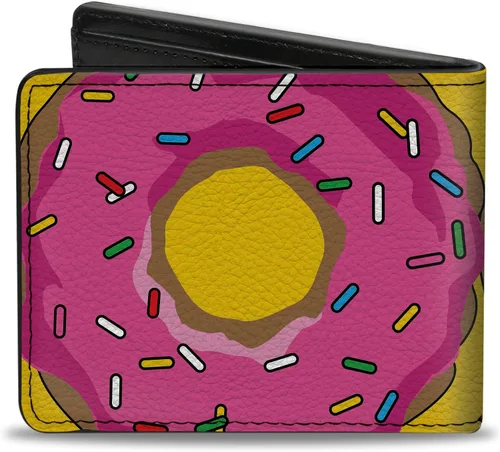 Vista 2 de Buckle-Down Billetera para hombre, plegable, color rosa glaseado rosado rosado, color amarillo, cuero vegano, 4.0 x 3.5 pulgadas, Donas, Buckle-down