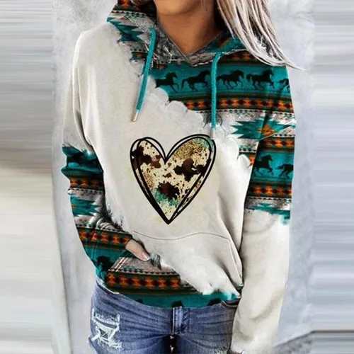 Vista 2 de Ceboyel Women Western Aztec Hoodies Drawstring Sweatshirt Pullover Ethnic Vintage Graphic Shirts Tops Causal Fall Clothes