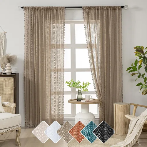 Vista 28 de WAZZIO Cortinas de Encaje, Cortina Boho de Crochet para Dormitorio, Cortinas de Café de Algodón, 45 Pulgadas de Largo, 2 Paneles con Bolsillo