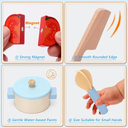 Vista 5 de Accesorios de cocina de juguete, juego de cocina de madera, juego de cocina de simulación para niños, incluye estufa, ollas y sartenes de cocina