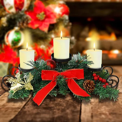 Vista 4 de MorTime - Portavelas de Navidad para centro de mesa, decoración de mesa de Navidad con lazo rojo, bayas, piñas, centro de mesa con base de acero