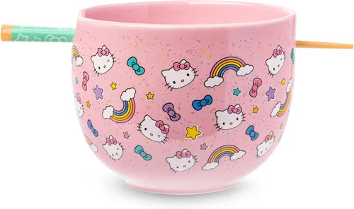 Vista 88 de Silver Buffalo Sanrio Hello Kitty Flowers, cuenco de ramen con palillos Patrón de flores de Hello Kitty