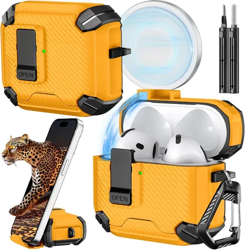Vista 31 de Inesore Funda para AirPods Pro 1ª/2ª con bloqueo seguro (verde oscuro) Cubierta magnética de bloqueo automático con soporte para teléfono y kit