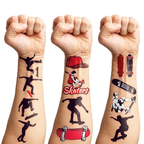 Vista 8 de 96 tatuajes temporales precortados para patineta, decoraciones de fiesta de cumpleaños con temática de patinaje, divertidas calcomanías para niños