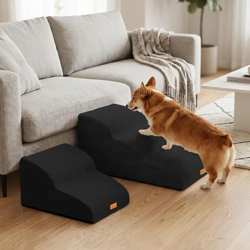 Vista 9 de 2-Step Dog Stairs for Small Dogs, Non-Slip Foam Pet Steps for Low Couch Bed Negro