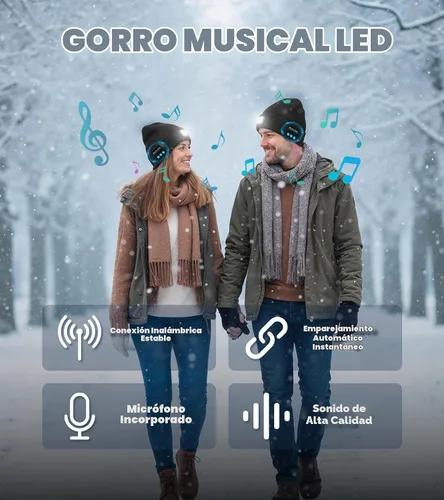 Vista 2 de HEYAXA Gorro Bluetooth con LED, Gorro de Música Inalámbrico con 4 LEDs Recargable por USB, Faro de Cabeza para Correr, Regalos para Navidad, Relleno
