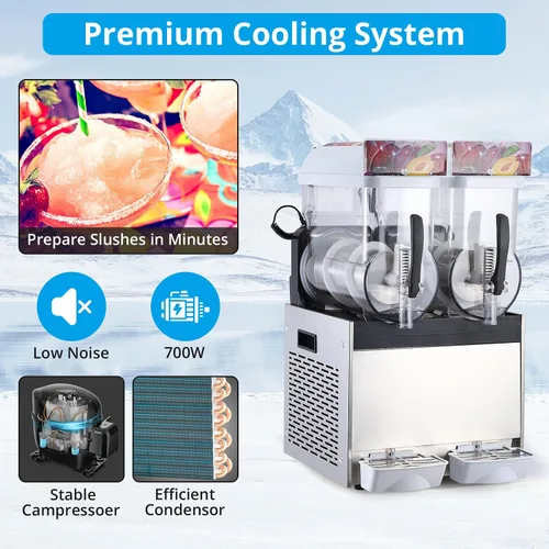 Vista 5 de Máquina de granizado de acero inoxidable de doble tanque de 15L, fabricante de bebidas congeladas de 700 W con función de limpieza automática