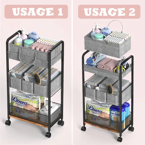 Vista 3 de LIDTOP Carrito de pañales 2 en 1 y carrito de pañales rodante de 3 niveles, carrito organizador de pañales con divisores, carrito móvil de metal