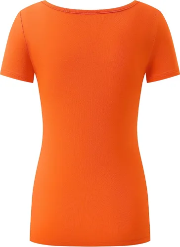 Vista 4 de OThread & Co. Camiseta de manga corta para mujer, cómoda, cuello cuadrado, capa elástica básica