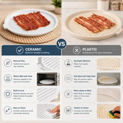 Vista 6 de ONEMORE Bandeja para Tocino de Microondas con Tapa Cocinador de Tocino de Cerámica Rejilla para Carne para Cocinar en Horno Fabricante de Tocino