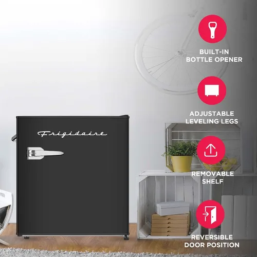 Vista 4 de FRIGIDAIRE Mini refrigerador retro negro de 1.6 pies cúbicos con control de termostato ajustable de ahorro de energía, abrebotellas de montaje