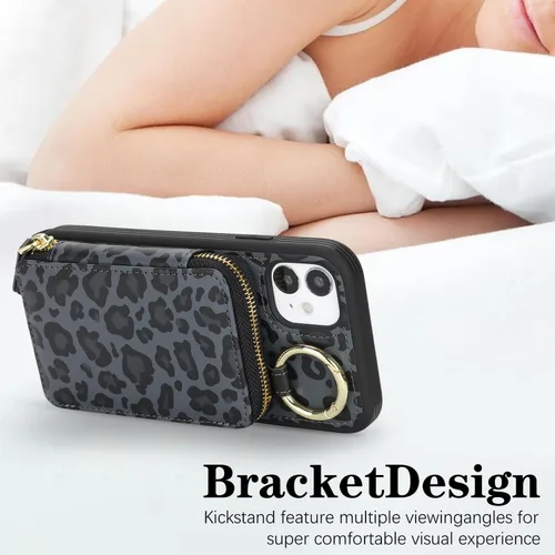 Vista 4 de Funda tipo cartera cruzada para iPhone 11, de piel sintética con cierre de cremallera, estilo bolso de mano, con función atril, ranuras