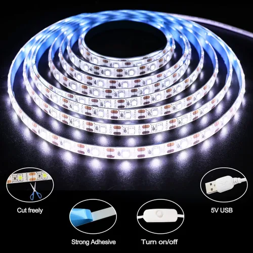 Vista 2 de Tira de luces LED USB de 5 V, color blanco, 6000 K, 9.84 pies, SMD 2835 IP65, impermeable, 180 LED, tira de luz Plug and Play con interruptor