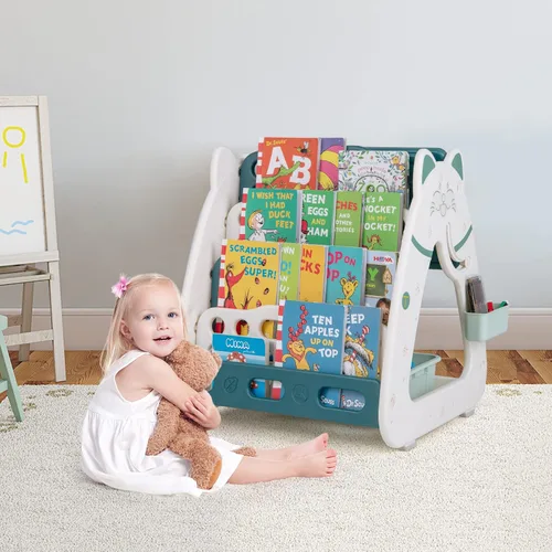 Vista 9 de Costzon Caballete de arte 3 en 1 para niños, pizarra magnética de borrado en seco de doble cara y estante para libros para niños con silla