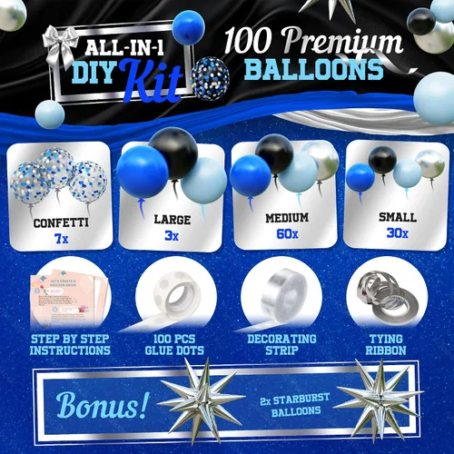Vista 3 de Kit de arco de globos todo en uno azul y negro con estrella fugaz de bonificación – Globos plateados negros azules pequeños y grandes – Decoraciones