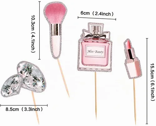 Vista 6 de 35 piezas impresas de maquillaje para cumpleaños, cupcakes, pestañas de diamante, pintalabios, palillos de cupcakes, perfumes, alimentos