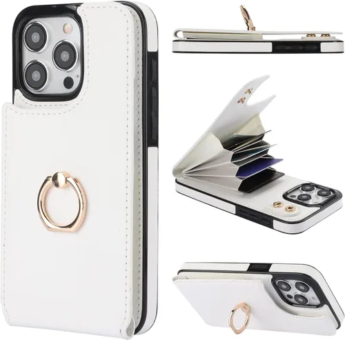 Vista 13 de Folosu Funda compatible con iPhone 15 Pro Max con soporte para tarjetas, rotación de 360°, soporte de anillo de dedo con función atril, bloqueo Negro