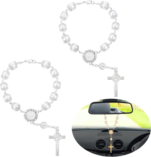 Vista 9 de TIESOME Rosario de coche de 2 piezas, cuentas de rosario para espejo retrovisor con cruz y medalla, accesorios para colgar para decoración de Dorado
