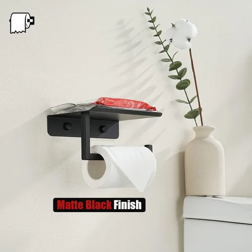 Vista 6 de JQK TPH202-PB - Estante para papel higiénico, soporte para rollo de papel higiénico con estante para teléfono, dispensador de papel de seda de acero