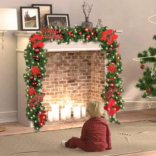 Vista 6 de Guirnalda de Navidad iluminada – 8.8 pies, de ratán, de Navidad, flores artificiales y vid artificiales de Navidad, con luces, funciona