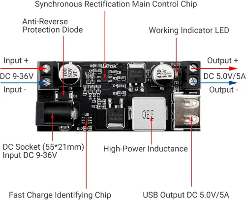 Vista 2 de DROK Convertidor Buck 12V a 5V, 5A USB Regulador de Voltaje DC 9V-36V Paso Abajo a DC 5V-5.3V 5.2V 3.5-6A Transformador de Voltaje Módulo de Fuente
