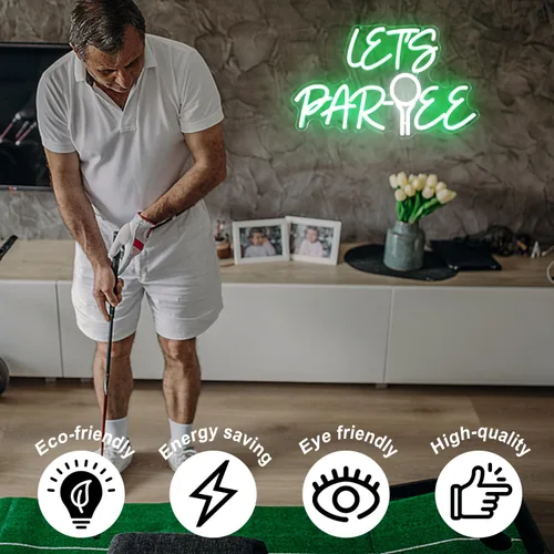 Vista 4 de Let's Par Tee Letrero de Neón para Decoración de Pared - Luz LED Verde y Blanca de Pelota de Golf - Letrero Colgante Regulable para Club de Golf