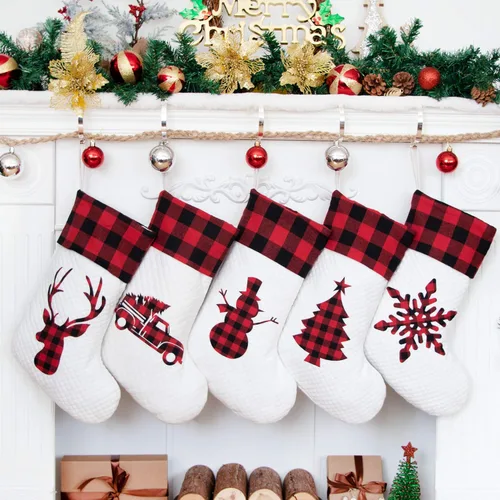 Vista 11 de LUBOT Juego de 4 medias de Navidad grandes para la familia, 20 pulgadas, silueta de búfalo rojo a cuadros para colgar en la chimenea, decoración