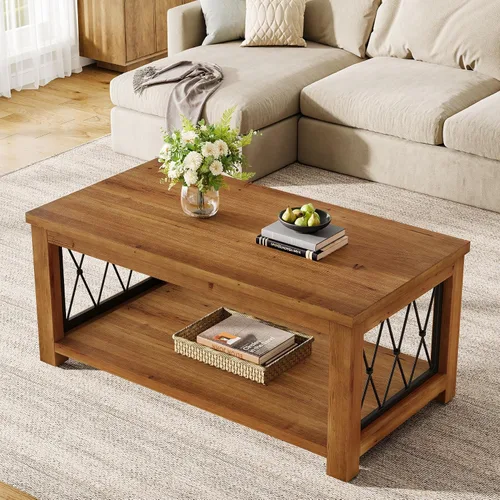 Vista 9 de Mesa auxiliar de madera maciza de 47.2 pulgadas, diseño de almacenamiento de 2 niveles, mesa de cóctel central rectangular de granja, marco de metal