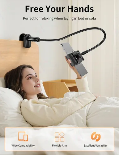 Vista 3 de bokilino Soporte para tablet de cuello de cisne para cama, ajustable, flexible, de brazo largo, abrazadera de montaje en la mesa, compatible