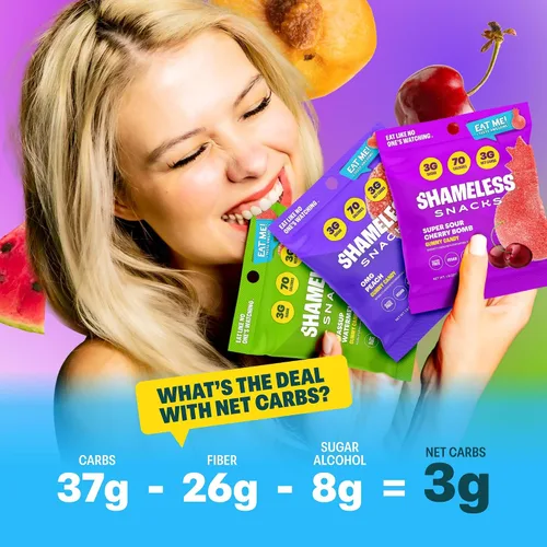 Vista 5 de Shameless Snacks - Gomitas keto bajas en carbohidratos sin gluten - Melocotón, sandía, bomba de cereza
