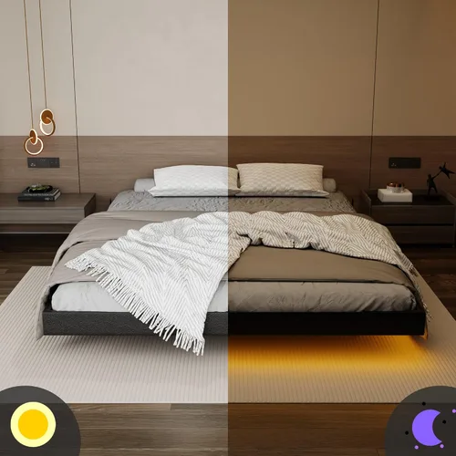 Vista 8 de Base de cama flotante de tamaño matrimonial con luces LED y estación de carga, marco de cama de plataforma de metal sintético negro, fácil montaje