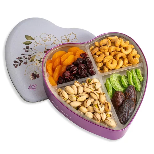 Vista 10 de Oh! Nuts Cesta de regalo de frutas secas en forma de corazón, 8 variedades tropicales gourmet, albaricoques, dátiles, ciruelas pasas, arándanos