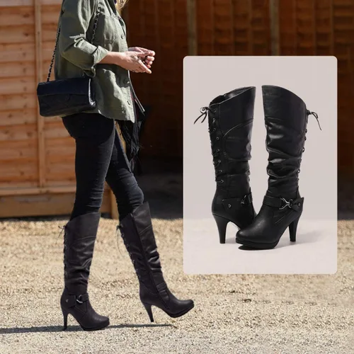 Vista 7 de katliu Botas altas hasta la rodilla para mujer, con cordones en la espalda, botas de tacón alto holgadas