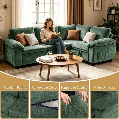 Vista 7 de 86" L-Shaped Sectional Sleeper Couch, Modular Pull-Out Storage Sofa Bed Green