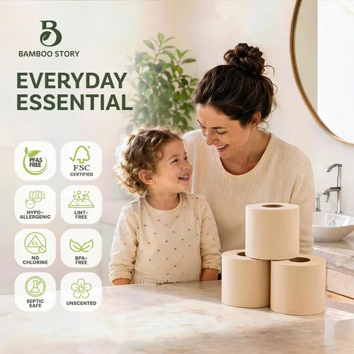 Vista 10 de Bamboo Story, Papel higiénico de bambú sin blanquear, 12 rollos, 3 capas y 300 hojas de papel higiénico de bambú, certificado FSC, biodegradable