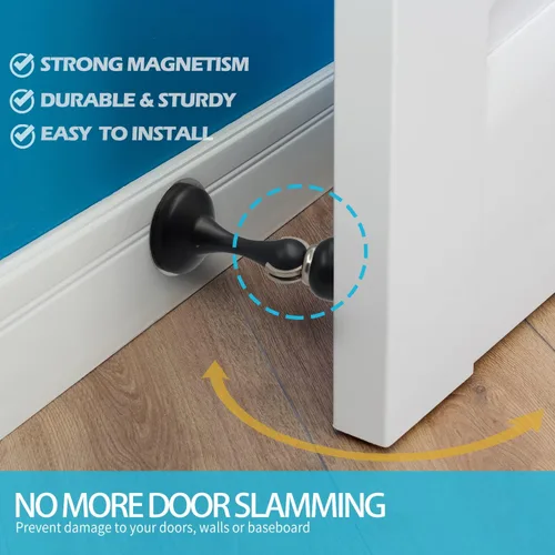 Vista 2 de Neoera Tope magnético para puerta (color negro mate) sin perforaciones, fuerte adhesivo para puerta, fuerte cierre magnético para puerta abierta
