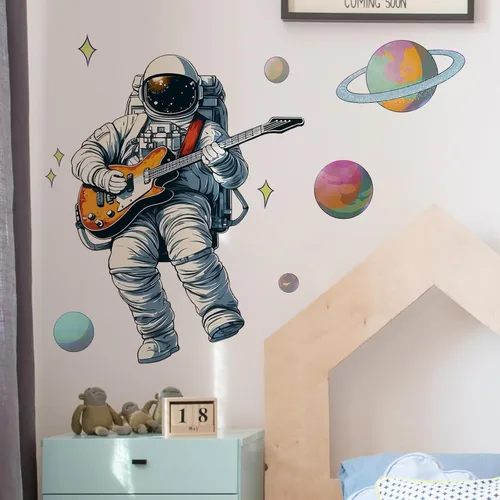 Vista 2 de Minstrel Astronauta tocando guitarra calcomanía de pared Space Wall Sticker Arte de pared extraíble con música para guardería, habitación de bebé