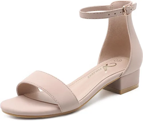 Vista 24 de Athlefit Sandalias para niñas, puntera abierta, correa en el tobillo, tacones bajos, zapatos de vestir para niñas pequeñas y grandes